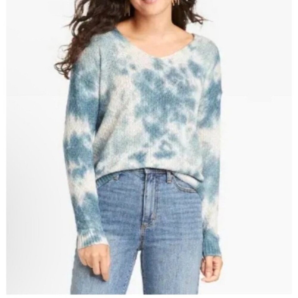 Knox Rose Womens Tie-Dye V-Neck Knit Pullover Sweater XL Blue